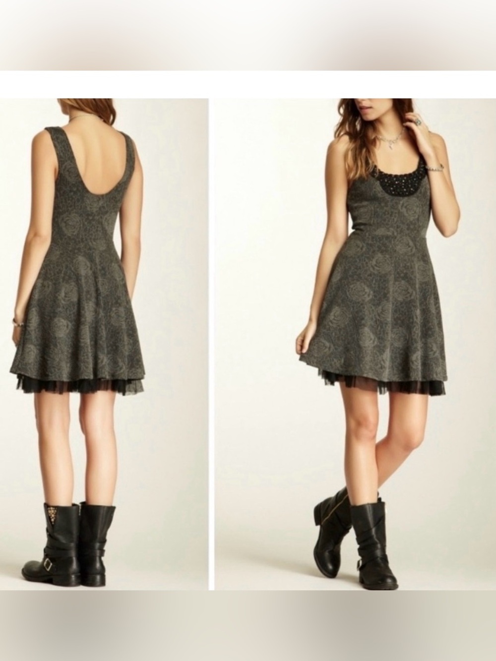 Free People Rock Princess Fit & Flare Sleeveless Beaded Tulle Skirt Dress Lrg